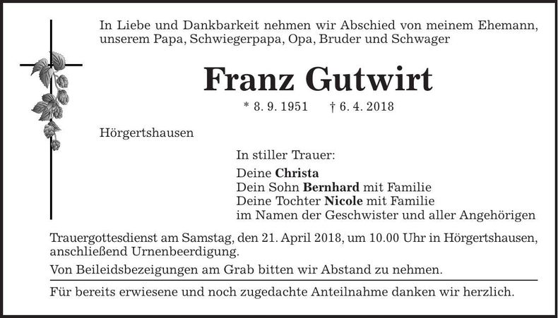 Traueranzeige Franz Gutwirt