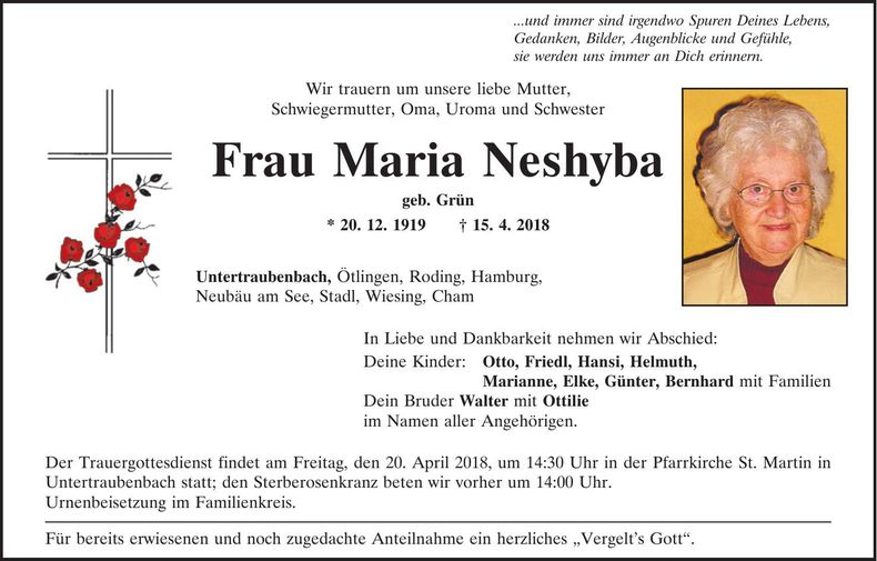 Traueranzeige Maria Neshyba