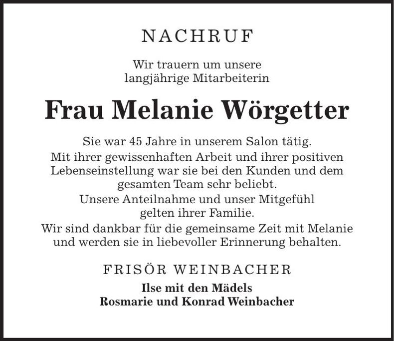 Traueranzeige Melanie Wörgetter