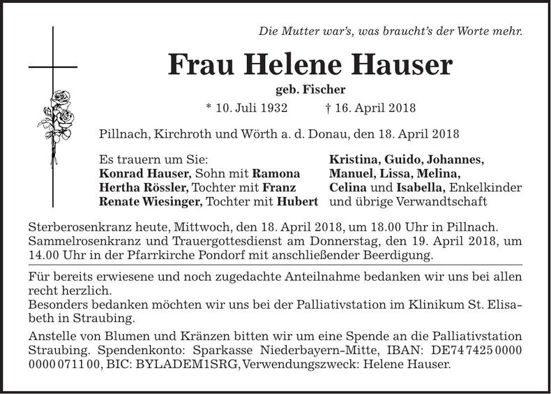 Traueranzeige Helene Hauser