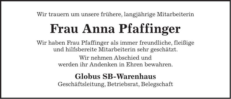 Traueranzeige Anna Pfaffinger