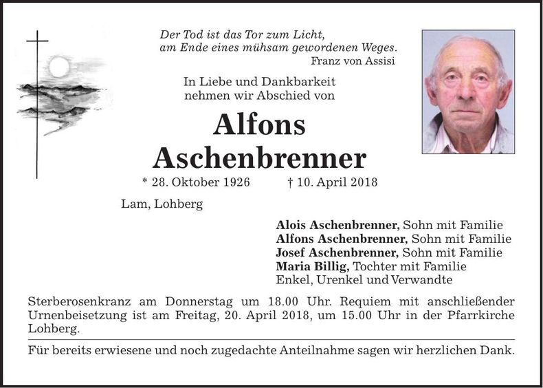 Traueranzeige Alfons Aschenbrenner