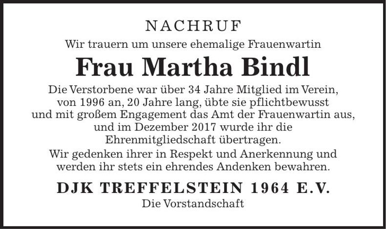 Traueranzeige Martha Bindl