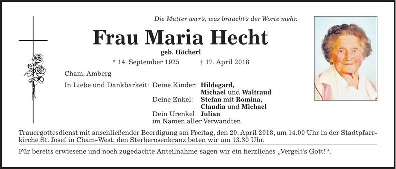 Traueranzeige Maria Hecht