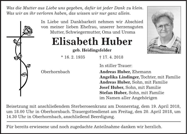 Traueranzeige Elisabeth Huber