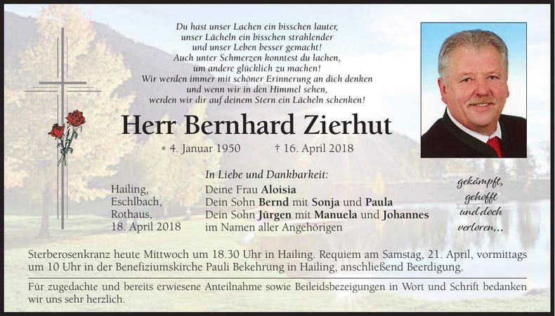 Traueranzeige Bernhard Zierhut