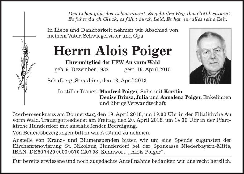Traueranzeige Alois Poiger