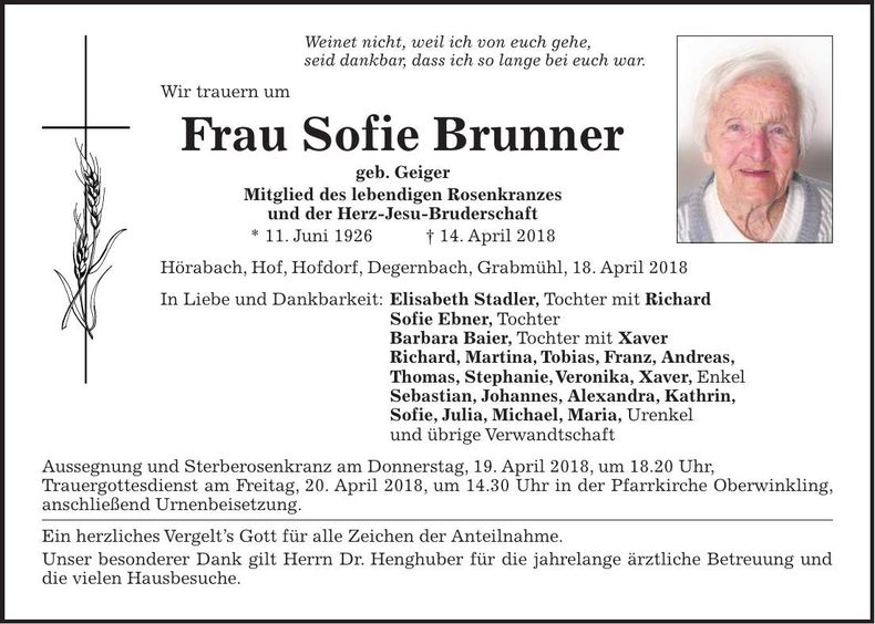 Traueranzeige Sofie Brunner