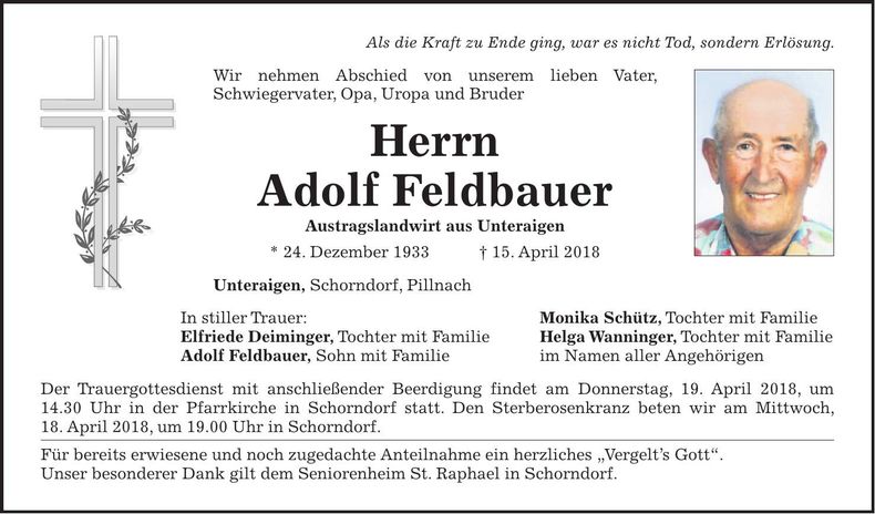 Traueranzeige Adolf Feldbauer