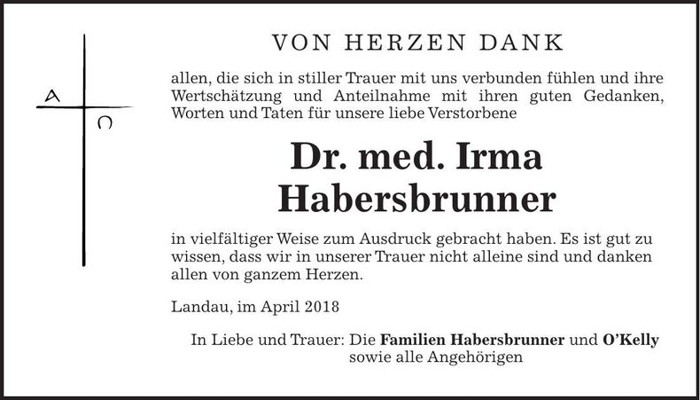 Traueranzeige Irma Dr. med. Habersbrunner