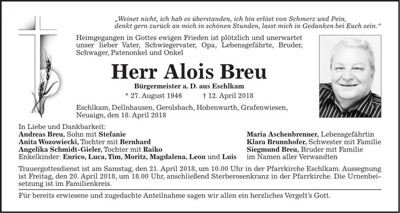Traueranzeige Alois Breu