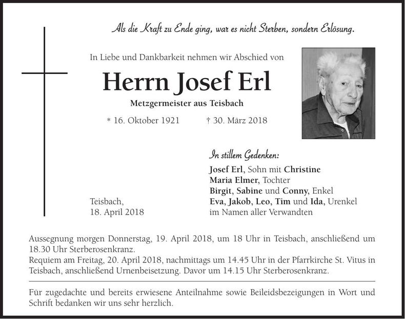 Traueranzeige Josef Erl