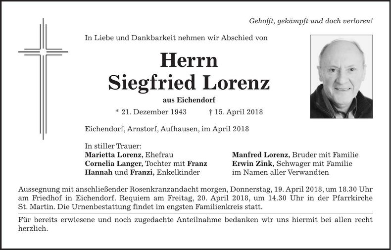 Traueranzeige Siegfried Lorenz