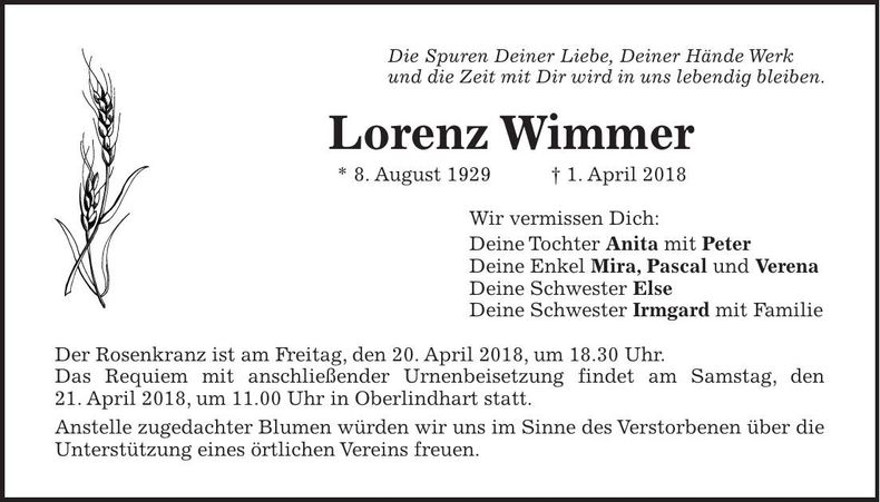 Traueranzeige Lorenz Wimmer