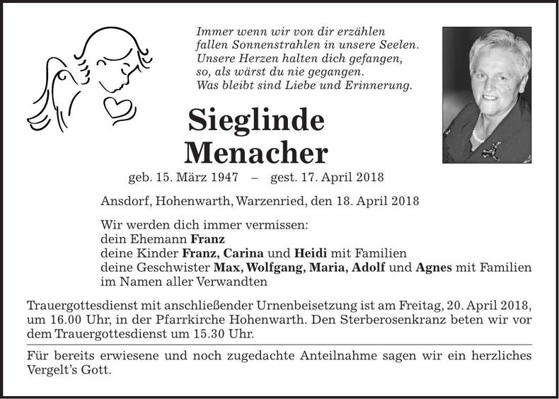 Traueranzeige Sieglinde Menacher