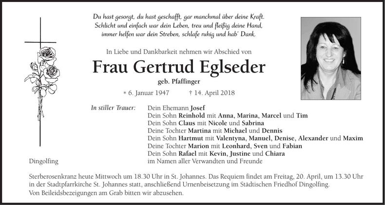 Traueranzeige Gertrud Eglseder