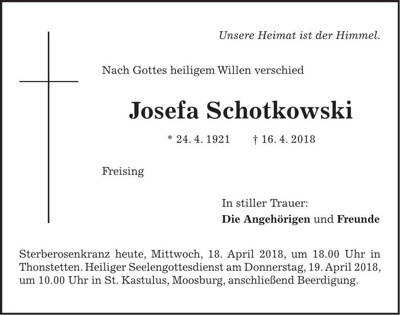 Traueranzeige Josefa Schottkowski