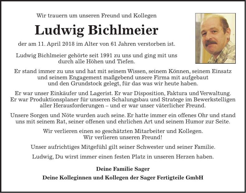 Traueranzeige Ludwig Bichlmeier