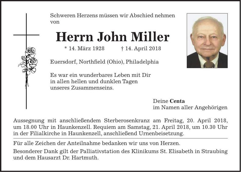 Traueranzeige John Miller