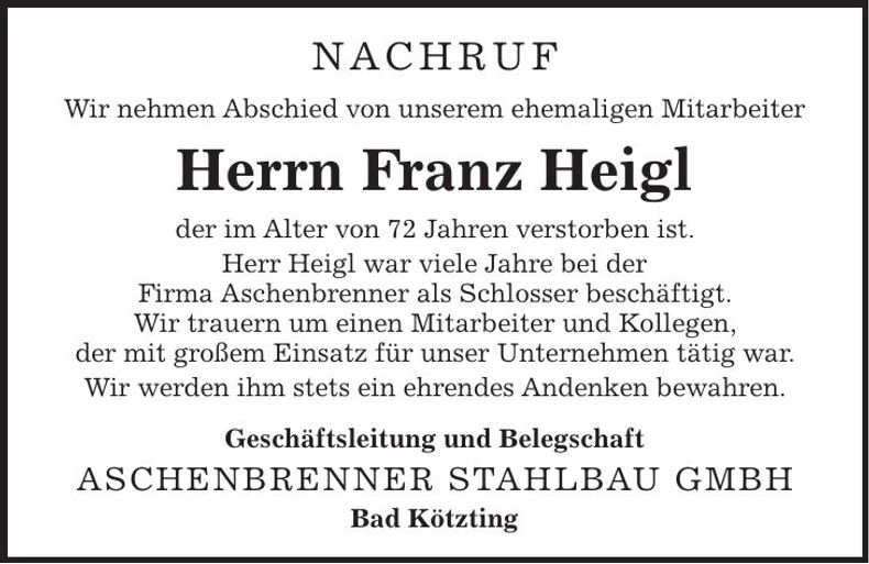 Traueranzeige Franz Heigl
