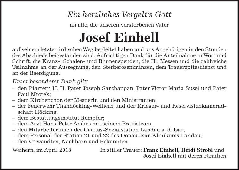 Traueranzeige Franz Einhell