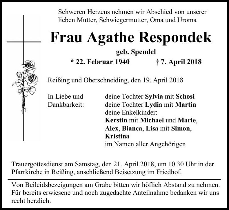Traueranzeige Agathe Respondek