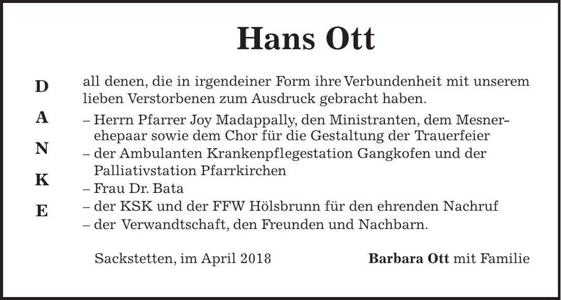 Traueranzeige Hans Ott