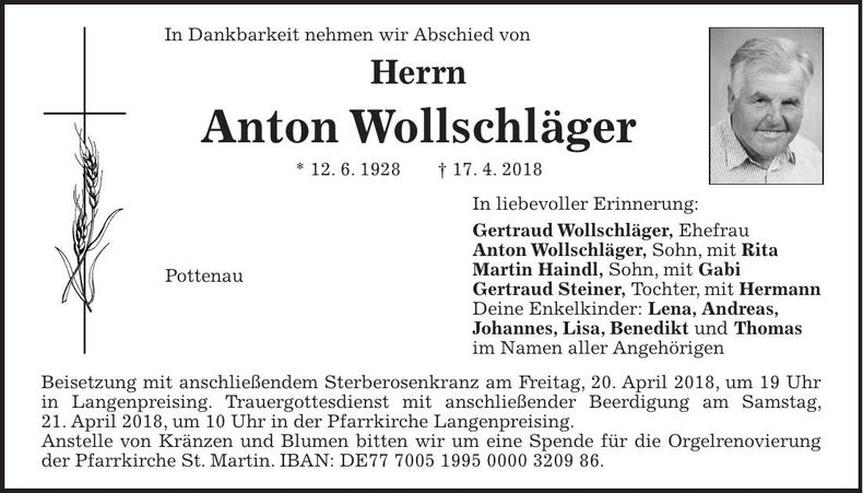 Traueranzeige Anton Wollschläger