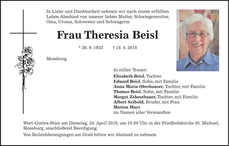 Traueranzeige Theresia Beisl