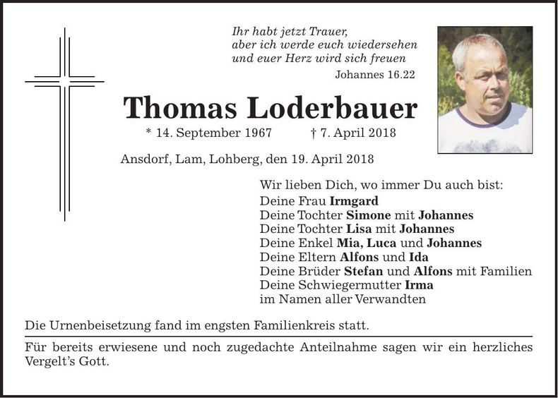 Traueranzeige Thomas Loderbauer