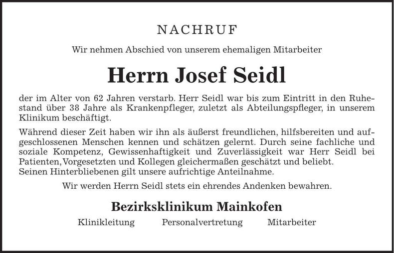 Traueranzeige Josef Seidl