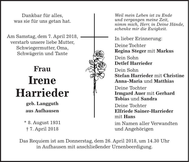 Traueranzeige Irene Harrieder