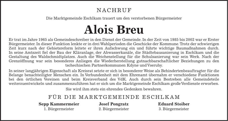 Traueranzeige Alois Breu