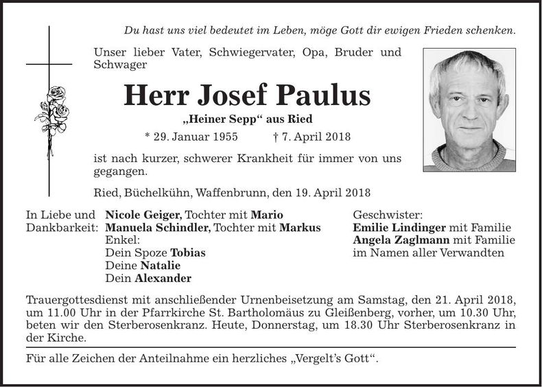 Traueranzeige Josef Paulus