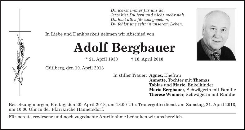 Traueranzeige Adolf Bergbauer