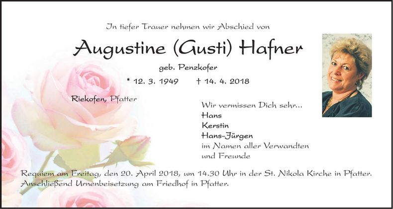 Traueranzeige Augustine Hafner
