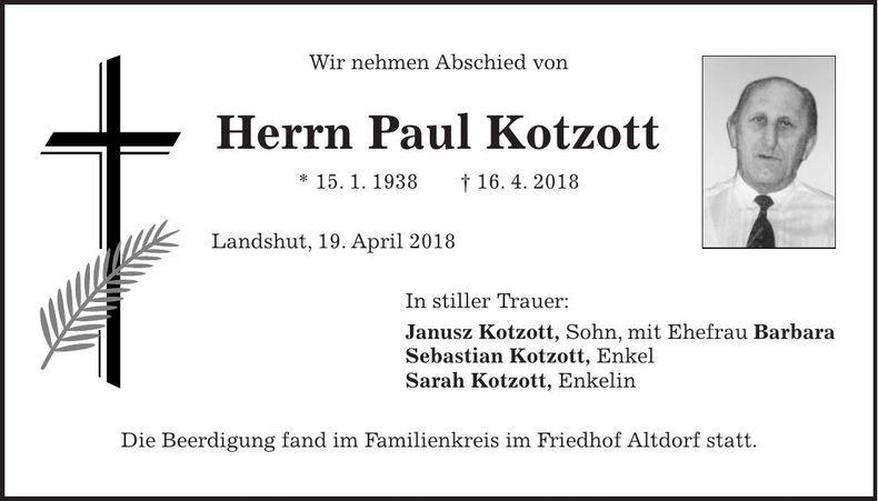 Traueranzeige Paul Kotzott