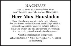 Traueranzeige Max Hausladen