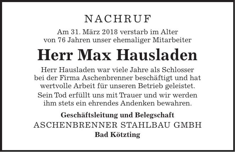 Traueranzeige Max Hausladen