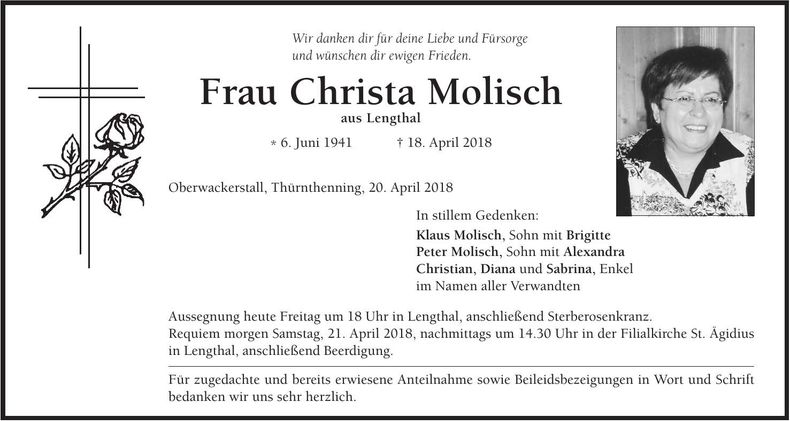 Traueranzeige Christa Molisch