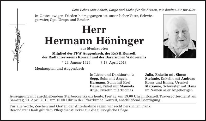 Traueranzeige Hermann Höninger