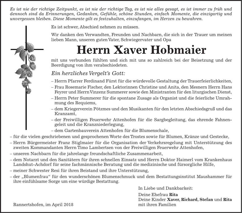Traueranzeige Xaver Hobmaier