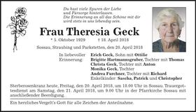 Traueranzeige Theresia Geck
