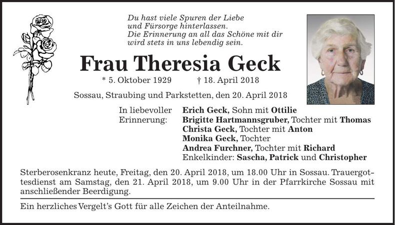 Traueranzeige Theresia Geck