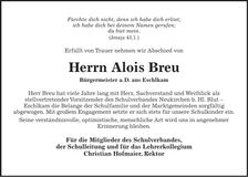 Traueranzeige Alois Breu