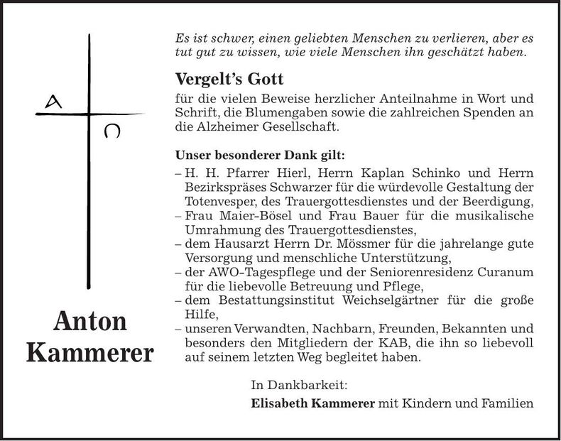 Traueranzeige Anton Kammerer