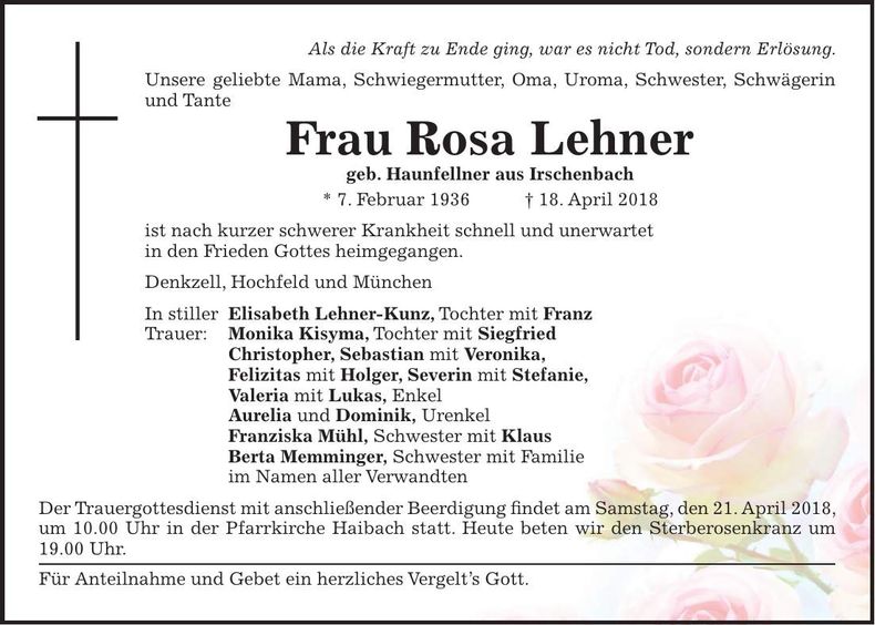 Traueranzeige Rosa Lehner