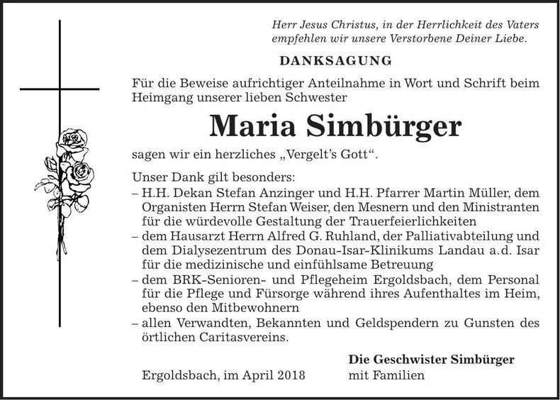 Traueranzeige Maria Simbürger