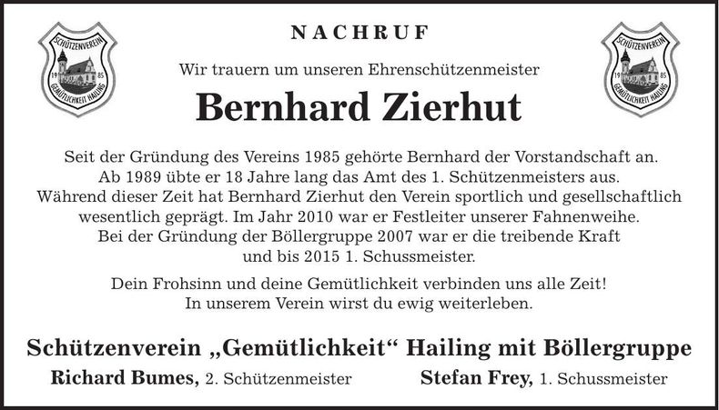 Traueranzeige Bernhard Zierhut