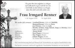 Traueranzeige Irmgard Renner